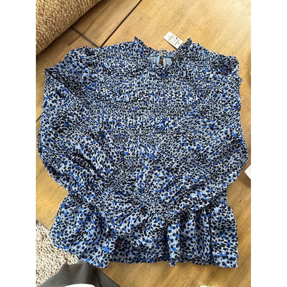 Express Blue Leopard Smocked Peplum Blouse Long Sleeve Ruffle Neck XL NWT